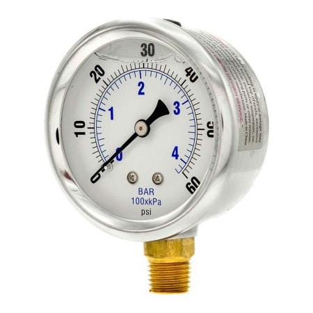 Engineered Specialty Products, Inc Pic Gauges 2-1/2" Pressure Gauge, Liquid Filled, 60 PSI, Stainless Case, Lower Mount, PRO-201L-254D PRO-201L-254D